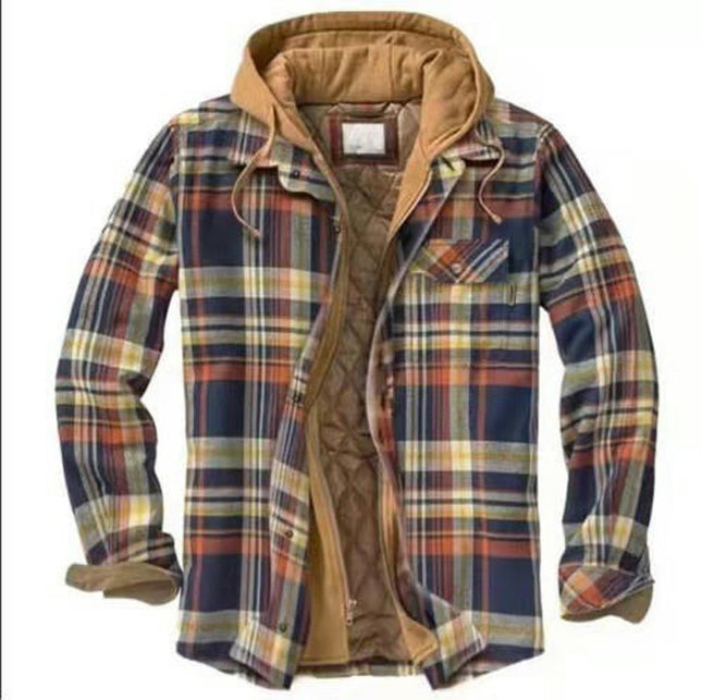 Men's Thicken Plaid Flannel Quilted Shirts Jacket with Hood