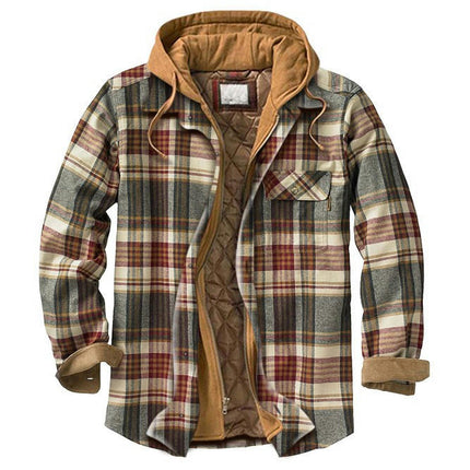 Men's Thicken Plaid Flannel Quilted Shirts Jacket with Hood