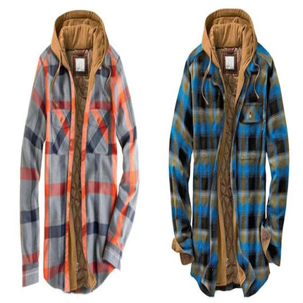 Men's Thicken Plaid Flannel Quilted Shirts Jacket with Hood