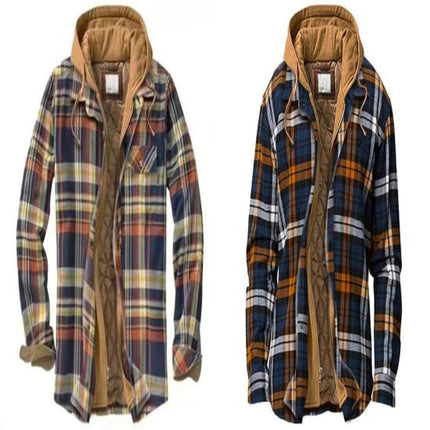 Men's Thicken Plaid Flannel Quilted Shirts Jacket with Hood