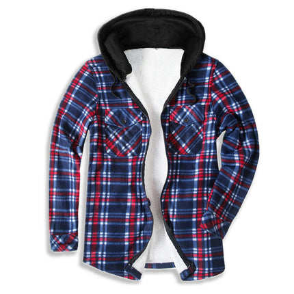 Men's Hooded Thick Plaid Flannel Jacket Plush Lined Long Sleeve Winter Coat with Pockets