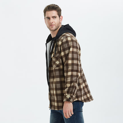 Men's Hooded Thick Plaid Flannel Jacket Plush Lined Long Sleeve Winter Coat with Pockets