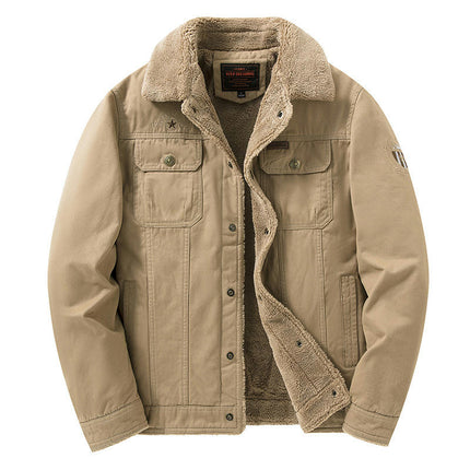 Men's Sherpa Lined Trucker Jacket Lapel Cotton Button Warm Winter Jacket