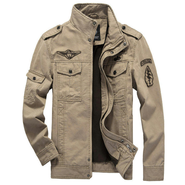 Men's Casual Washed Cotton Military Jacket Zip Up Jacket with Pocket