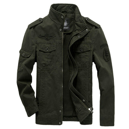 Men's Casual Washed Cotton Military Jacket Zip Up Jacket with Pocket