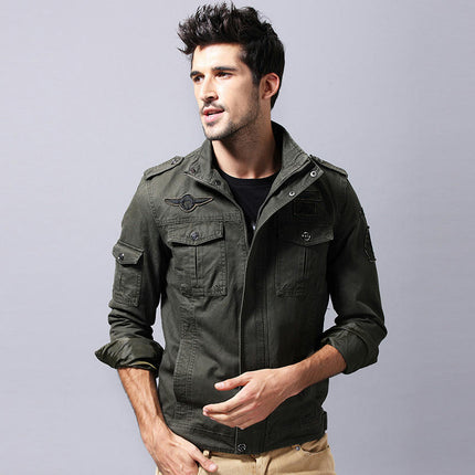 Men's Casual Washed Cotton Military Jacket Zip Up Jacket with Pocket