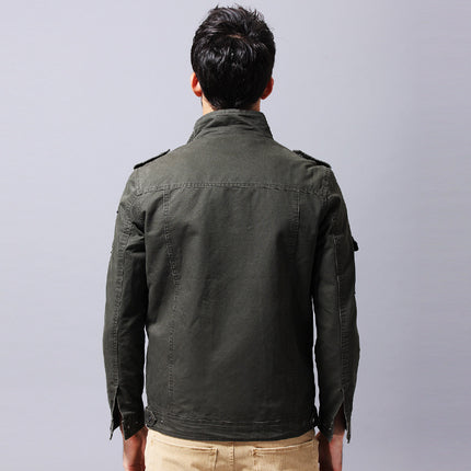 Men's Casual Washed Cotton Military Jacket Zip Up Jacket with Pocket