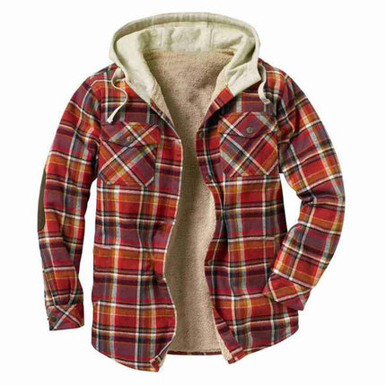 Men's Plaid Shirts Jacket Fleece Lined Flannel Shirts Sherpa Button Jackets with Hood for Men