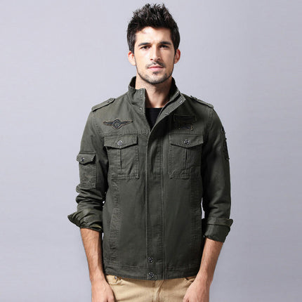 Men's Casual Washed Cotton Military Jacket Zip Up Jacket with Pocket