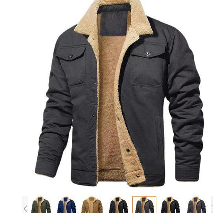 Men's Sherpa Lined Trucker Jacket Lapel Cotton Jacket Casual Button Jacket Warm Winter