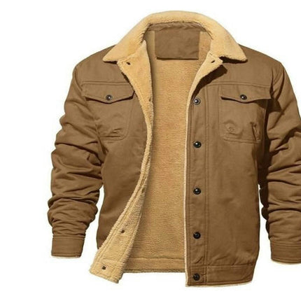 Men's Sherpa Lined Trucker Jacket Lapel Cotton Jacket Casual Button Jacket Warm Winter