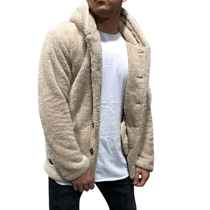 Men's Fuzzy Sherpa Hoodie Jacket Long Sleeve Button Up Fleece Winter Warm Jacket