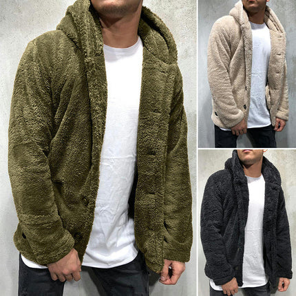 Men's Fuzzy Sherpa Hoodie Jacket Long Sleeve Button Up Fleece Winter Warm Jacket