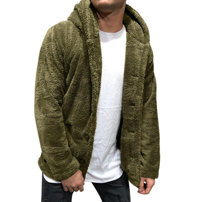 Men's Fuzzy Sherpa Hoodie Jacket Long Sleeve Button Up Fleece Winter Warm Jacket