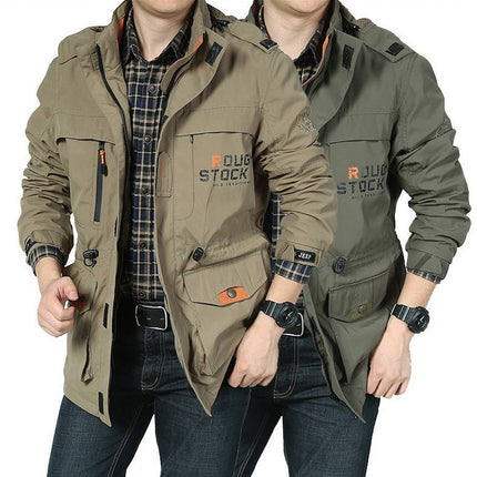 Men's Cotton Lightweight Pockets Zip Stand Collar Military Jackets Windbreaker