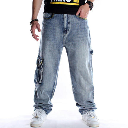 Men's Casual Loose Hip Hop Denim Work Pants Jeans with Cargo Pockets