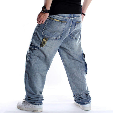 Men's Casual Loose Hip Hop Denim Work Pants Jeans with Cargo Pockets