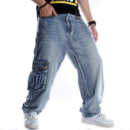 Men's Casual Loose Hip Hop Denim Work Pants Jeans with Cargo Pockets