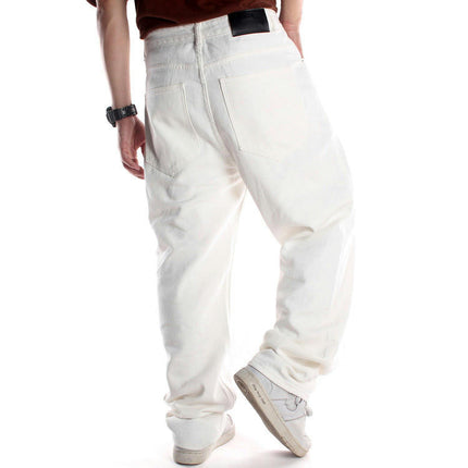 Men's Hip Hop Cargo Jeans Casual Loose Fit Straight Wide Leg Cotton Denim Pants