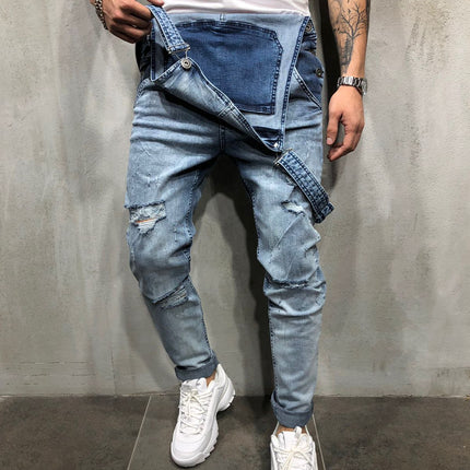 Men's Denim Bib Overalls Fashion Slim Fit Jumpsuit with Pockets