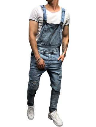 Men's Denim Bib Overalls Fashion Slim Fit Jumpsuit with Pockets