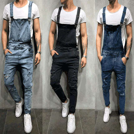 Men's Denim Bib Overalls Fashion Slim Fit Jumpsuit with Pockets