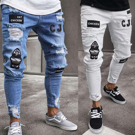 Men's Slim Fit Ripped Distressed Stretch Jeans with Patches Pants