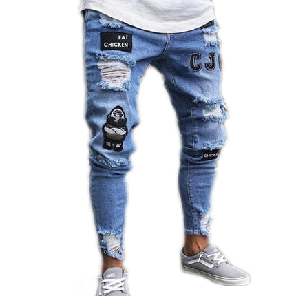 Men's Slim Fit Ripped Distressed Stretch Jeans with Patches Pants