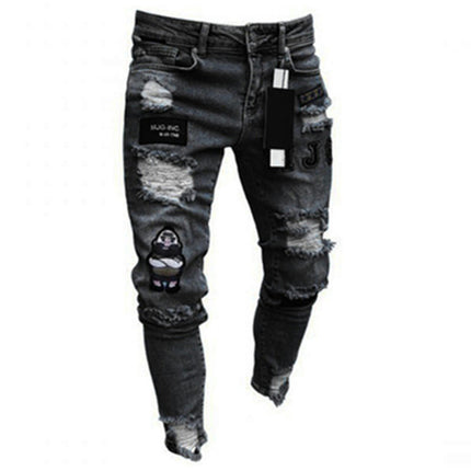 Men's Slim Fit Ripped Distressed Stretch Jeans with Patches Pants