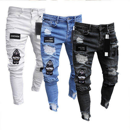 Men's Slim Fit Ripped Distressed Stretch Jeans with Patches Pants