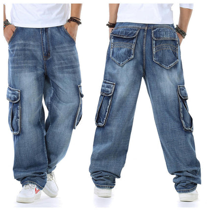 Men's Casual Loose Hip Hop Denim Work Pants Jeans with Cargo Pockets Model B