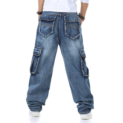 Men's Casual Loose Hip Hop Denim Work Pants Jeans with Cargo Pockets Model B