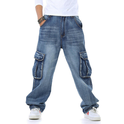 Men's Casual Loose Hip Hop Denim Work Pants Jeans with Cargo Pockets Model B