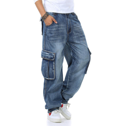 Men's Casual Loose Hip Hop Denim Work Pants Jeans with Cargo Pockets Model B