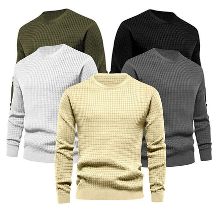 Men's Long Sleeve Knit Shirt Small Square Pullover Warm Top Round Neck Stretch Bottom Shirt