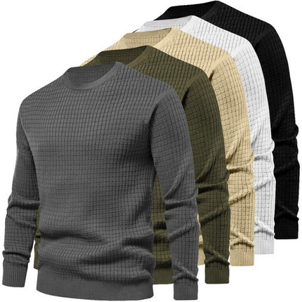 Men's Long Sleeve Knit Shirt Small Square Pullover Warm Top Round Neck Stretch Bottom Shirt