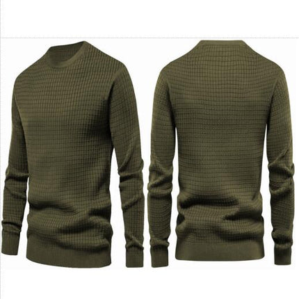 Men's Long Sleeve Knit Shirt Small Square Pullover Warm Top Round Neck Stretch Bottom Shirt