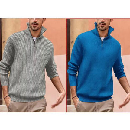 Mens Quarter Zip Sweater Mock Neck Lightweight Turtleneck Knit Sweaters for Men with Ribbed Edge