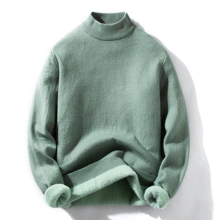 Men's Sweater Lined Fleece Half Turtleneck Autumn and Winter Bottom Knit Sweater