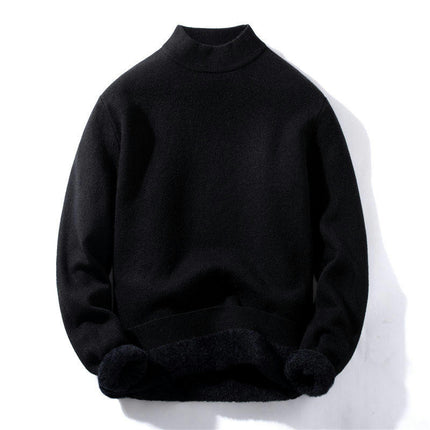 Men's Sweater Lined Fleece Half Turtleneck Autumn and Winter Bottom Knit Sweater