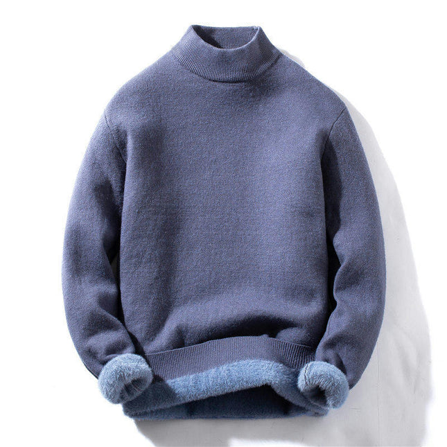 Men's Sweater Lined Fleece Half Turtleneck Autumn and Winter Bottom Knit Sweater