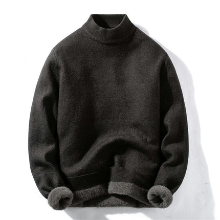 Men's Sweater Lined Fleece Half Turtleneck Autumn and Winter Bottom Knit Sweater