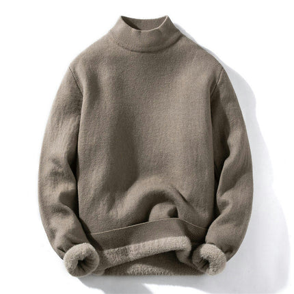 Men's Sweater Lined Fleece Half Turtleneck Autumn and Winter Bottom Knit Sweater