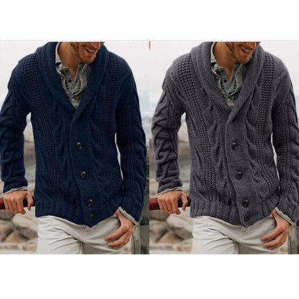 Men's Shawl Collar Cardigan Sweater Slim Fit Button Down Cable Knitted Sweater