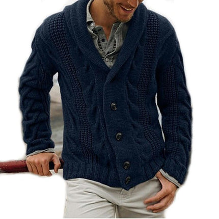 Men's Shawl Collar Cardigan Sweater Slim Fit Button Down Cable Knitted Sweater