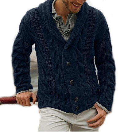 Men's Shawl Collar Cardigan Sweater Slim Fit Button Down Cable Knitted Sweater