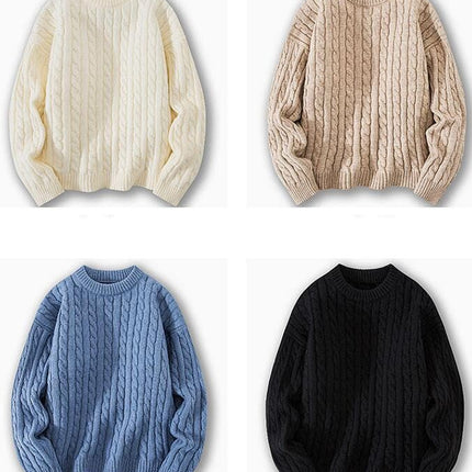 Men's Crewneck Cable Cotton Sweater Casual Crewneck Long-Sleeve Fisherman Pullover