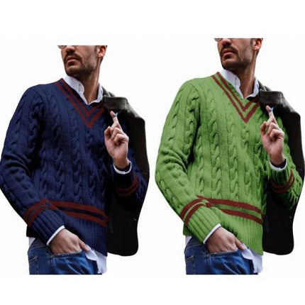 Mens V Neck Twisted Stripe  Long Sleeve Jumper Knitted Top Soft Knit New Pullover Knitwwear