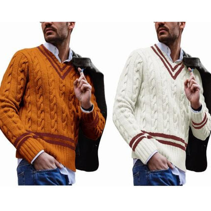 Mens V Neck Twisted Stripe  Long Sleeve Jumper Knitted Top Soft Knit New Pullover Knitwwear