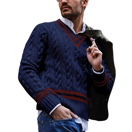 Mens V Neck Twisted Stripe  Long Sleeve Jumper Knitted Top Soft Knit New Pullover Knitwwear